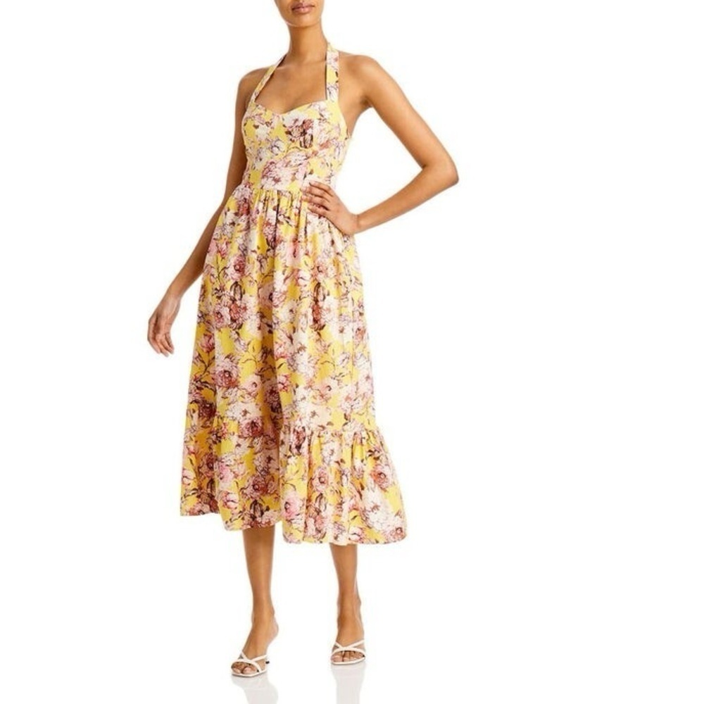 Bardot women 4 small dress midi maxi halter yellow brown pink floral linen blend